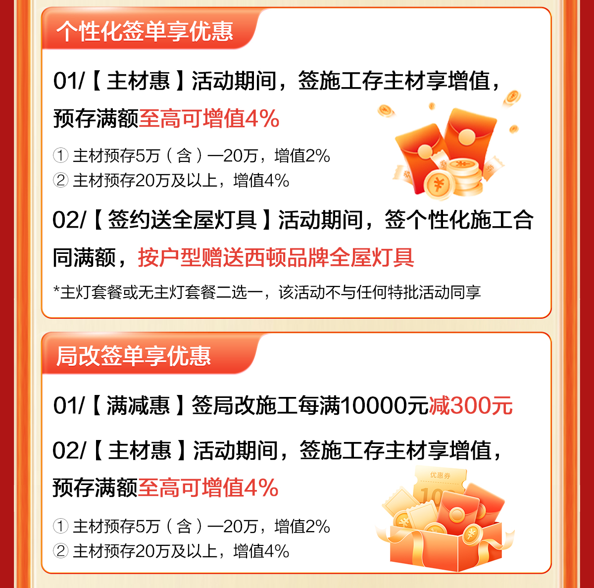 主材预存增值/施工满减特惠/送西顿全屋灯具